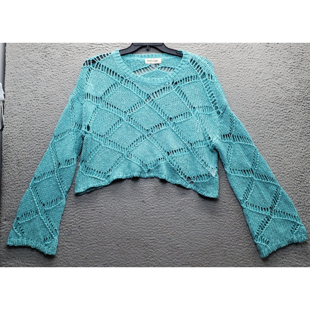 Peach Love California Cropped Sweater Womens Medium Green Open Knit Long‎ Sleeve